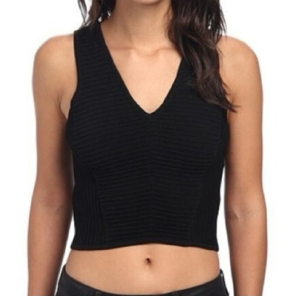 Sam Edelman Thick Stretch Knit Vneck Black Sleeveless Ribbed Top Black Size Medi